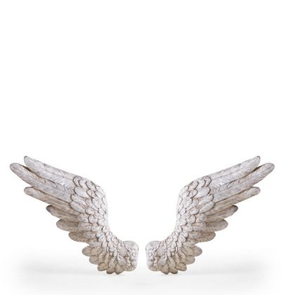 antiqued white angel wings that hang on the wall as a pair great detail and texture