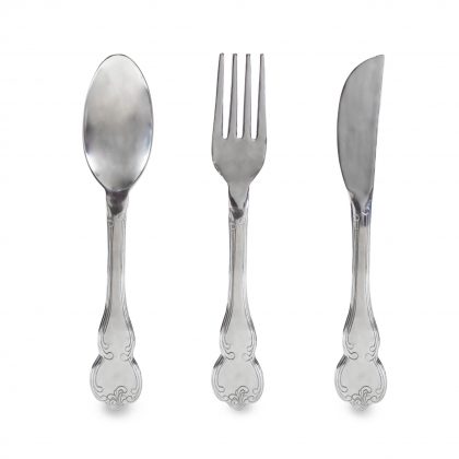 This superb set of large silver wall cutlery hangs easily on any wall and is perfect in any kitchen. H102 x W16 x D3cm each . Perfecto!