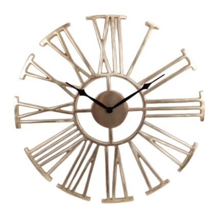 Add superb style to your home with this antiqued gold numerals clock. Solid metal that is a smooth sublime colour. 51 x 51 x 2cm. Raised skeleton clock