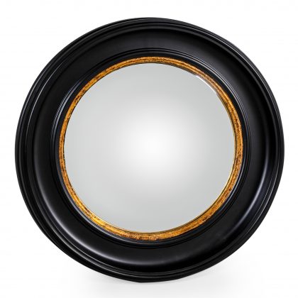 large black convex mirror is a huge round mirror that has a black and gold painted wooden frame and a convex mirror