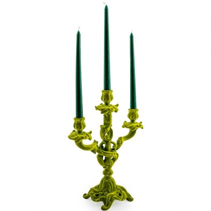 Add a special something to your dining or living room with this vibrant green flock candlestick! Unique, funky, super value! 35 x 30 x 13cm.