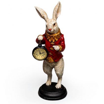 This white rabbit clock ornament is holding a pocket watch and measures 35 x 11 x 11cm. Made of resin hand painted and finished