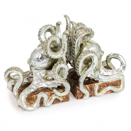 pair of silver octopus bookends are painted resin and each one measures 20 x 13 x 15cm