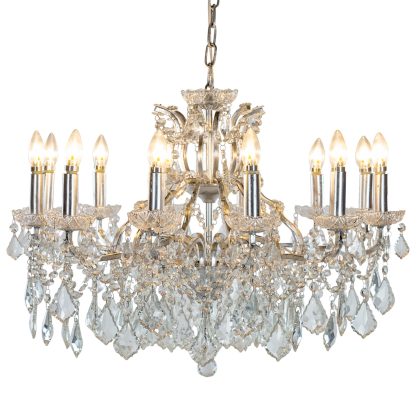 This beautiful 12 branch large silver chandelier ands elegance and luxury. The perfect glamorous ceiling light for dining room or hallway. 62 x 88 x 88cm