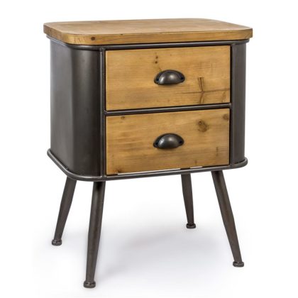 Shoreditch 2 drawer wood metal side table will bring oodles of elegant industrial chic to your home. Tapered legs, storage drawers, wood top 51 x 63 x 39cm