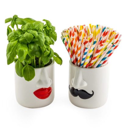 Simply styled, glossy pair of Mr and Mrs white ceramic pots. One has bright red lips on the front, and the other a black moustache. 11 x 11 x 12 cm.