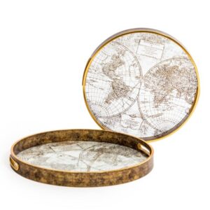 2 Gold Mirrored Map Drinks Trays