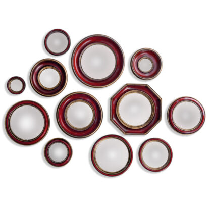 This superb set of 12 red convex mirrors will pack a punch on any wall in any home. Made of resin , super antiqued look. 9.5 to 25 cm.